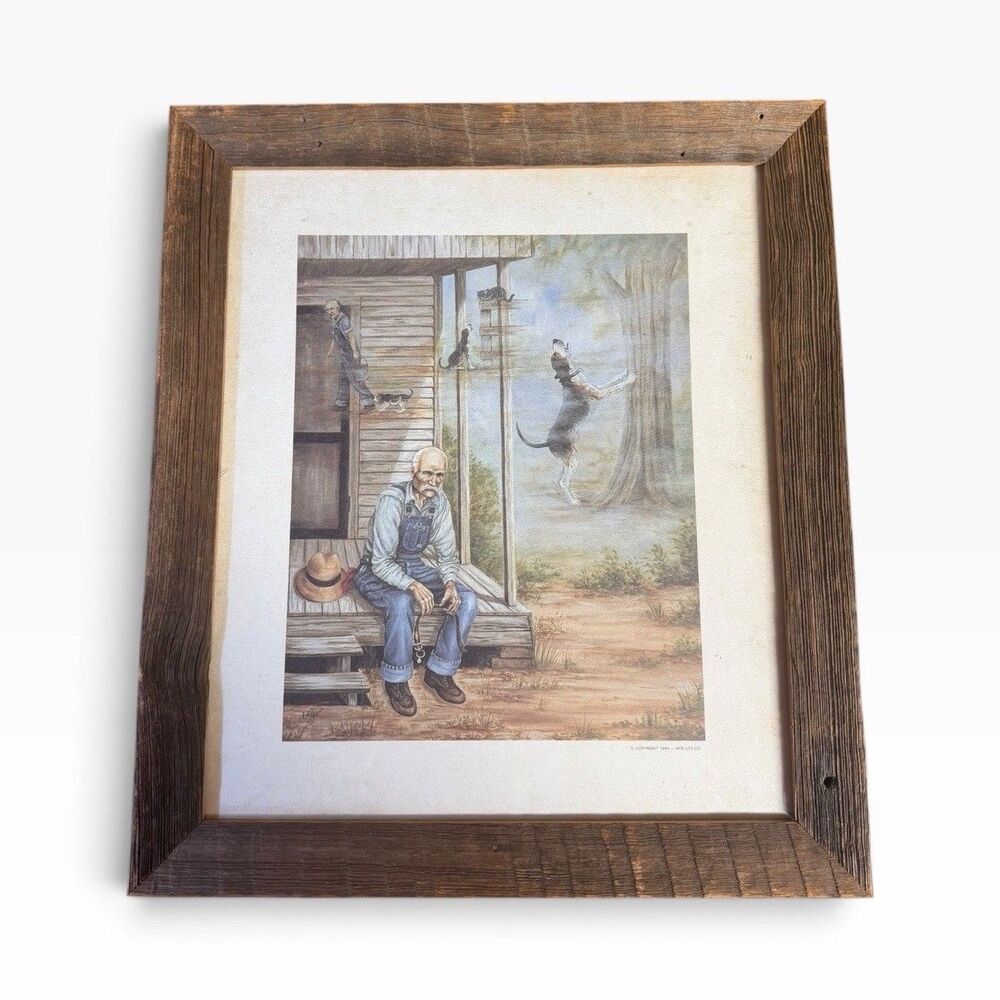 Framed Matted Portrait Art Print Illustration Man Sitting on Porch with Hat